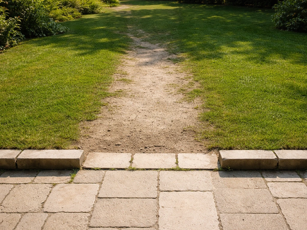 Zone de passage piétinée devant une terrasse, bordée de dalles pour limiter l’usure de la pelouse.