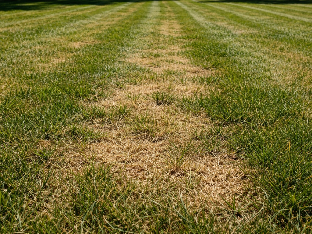 Pelouse en plein soleil avec plaques jaunies et brunâtres entre les lignes de tonte.