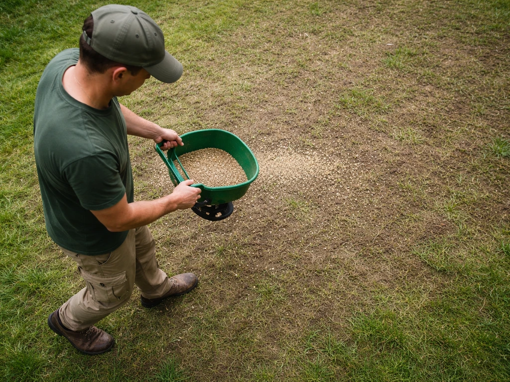 Un jardinier anonyme sème des graines de gazon avec un épandeur à main, sur une pelouse clairsemée.