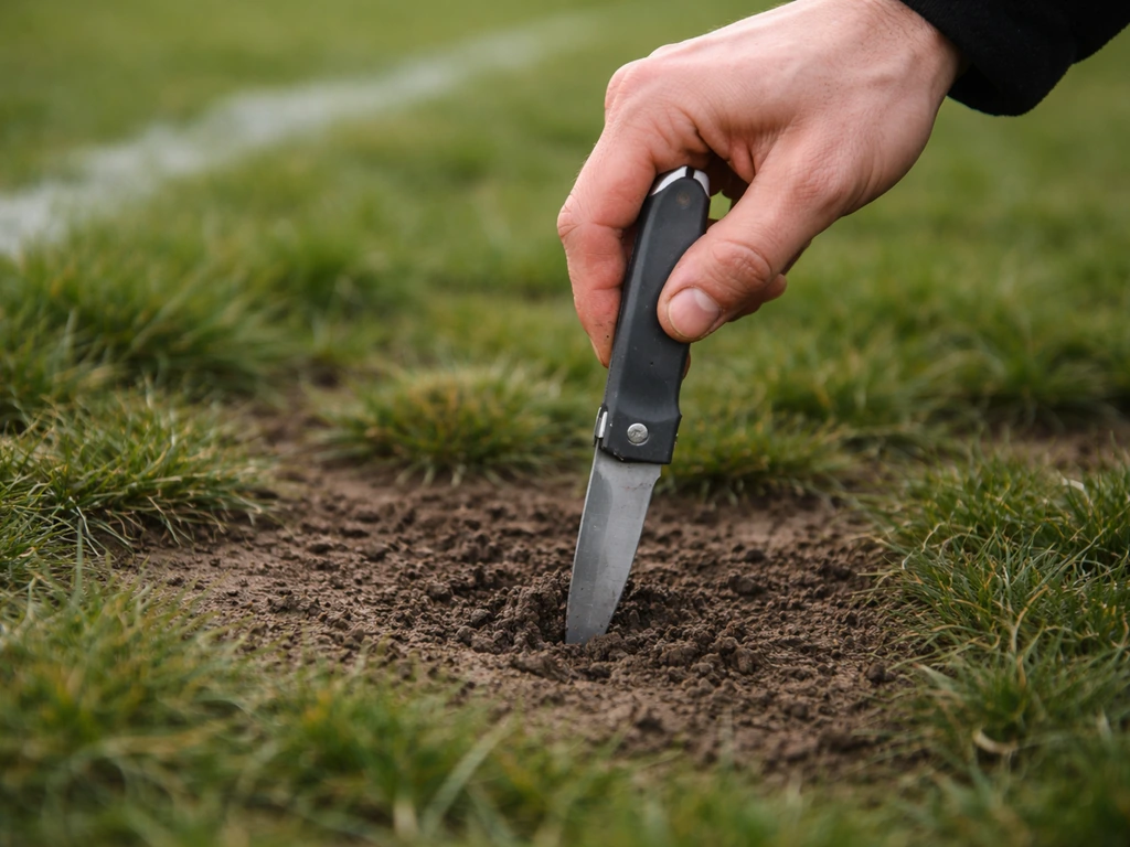 Couteau de poche enfoncé verticalement dans un sol humide près d’un terrain de football