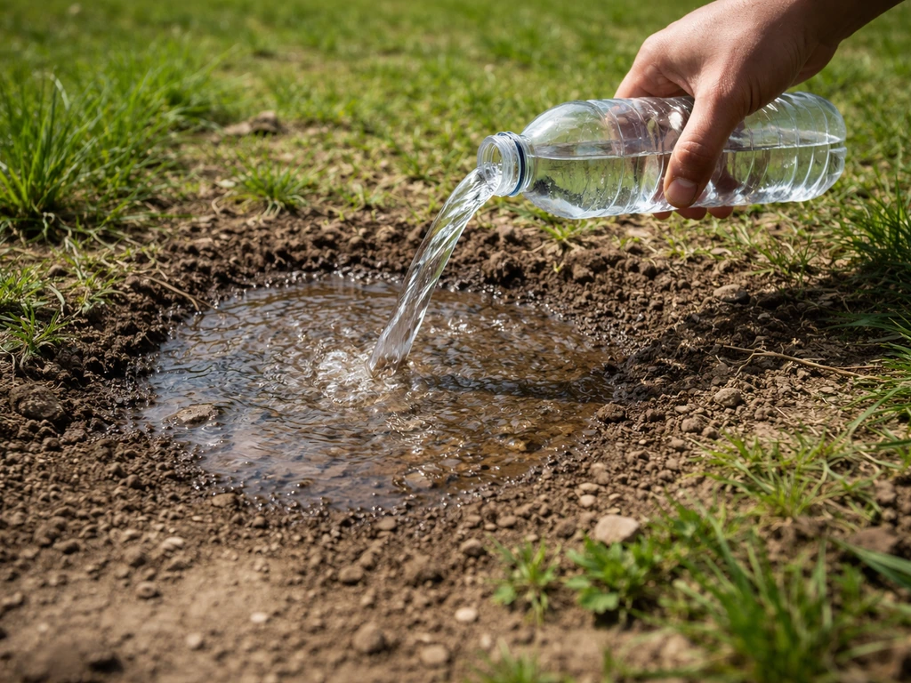 Main versant un litre d’eau sur le sol près d’un petit point de gazon, eau commençant à s’infiltrer.