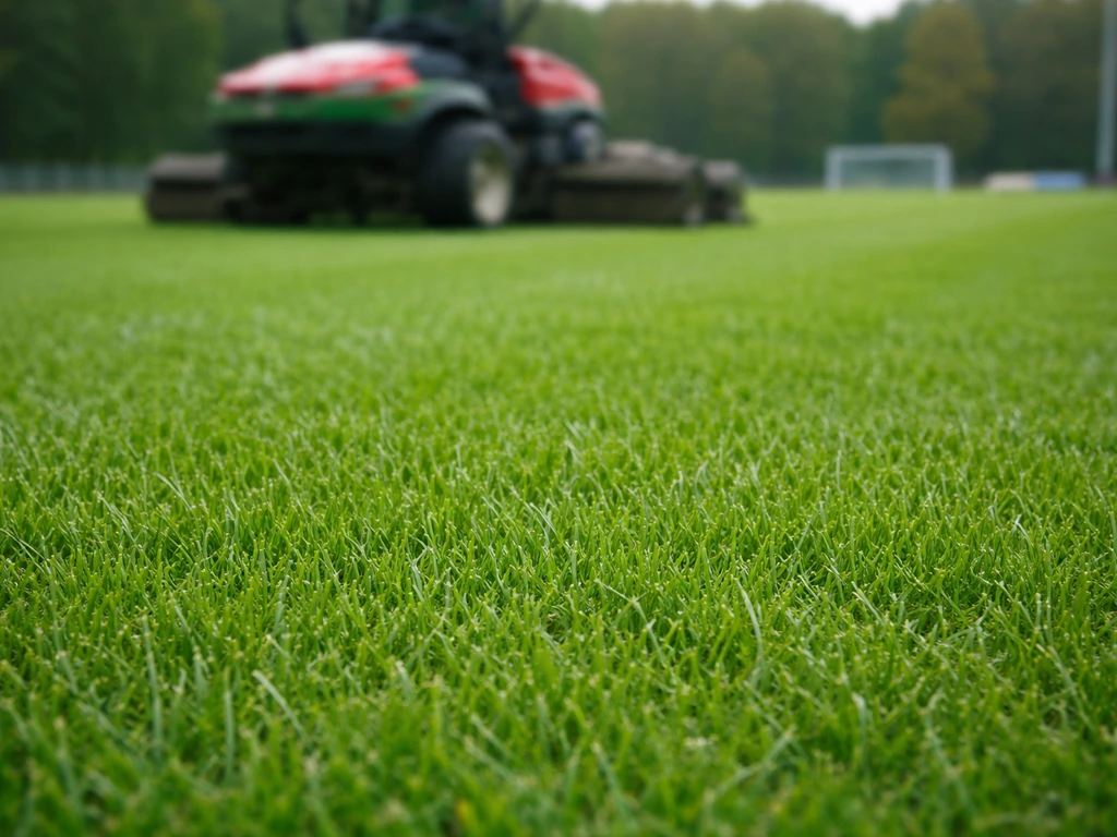 Gazon de terrain de foot fraîchement tondu, brins bien visibles et hauteur de coupe nette (5–7 cm).