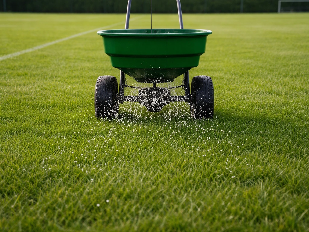 Épandage uniforme d’engrais granulé sur un terrain de foot, granulés en chute sur le gazon