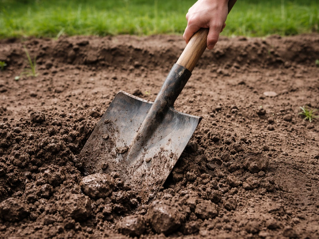 Main près d’une bêche enfoncée dans un sol argileux très compact, humide et collant.