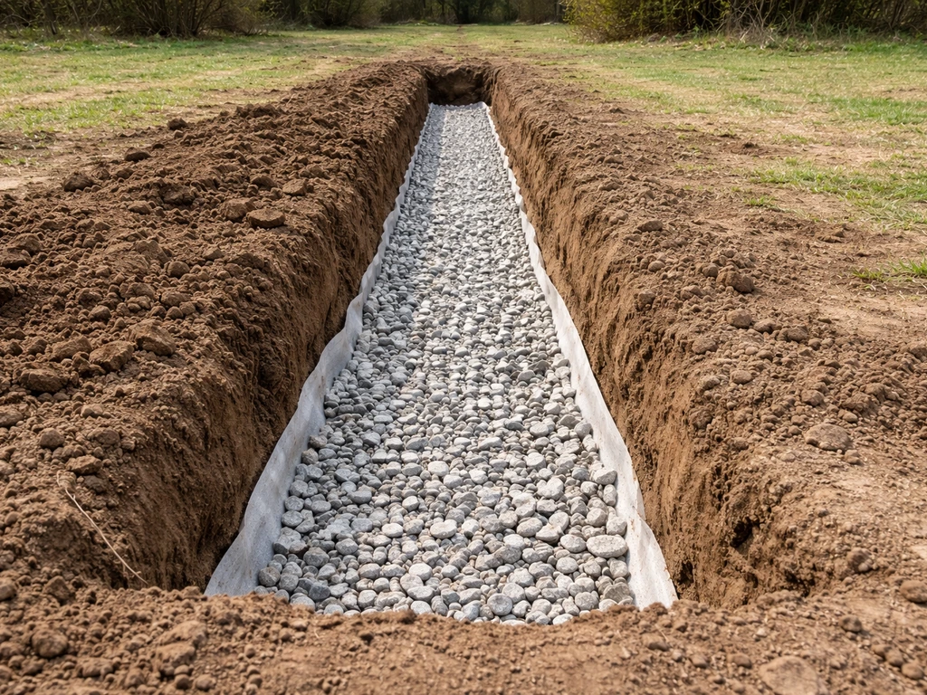 Tranchée de drainage avec gravier et pente dans un jardin, prête pour l’aménagement.