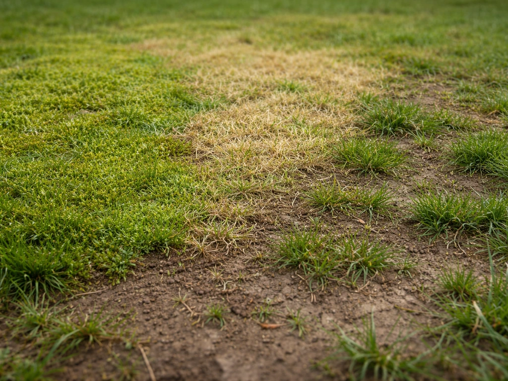 Pelouse sur sol argileux montrant zones de mousse et jaunissement, avec une pousse irrégulière à corriger.