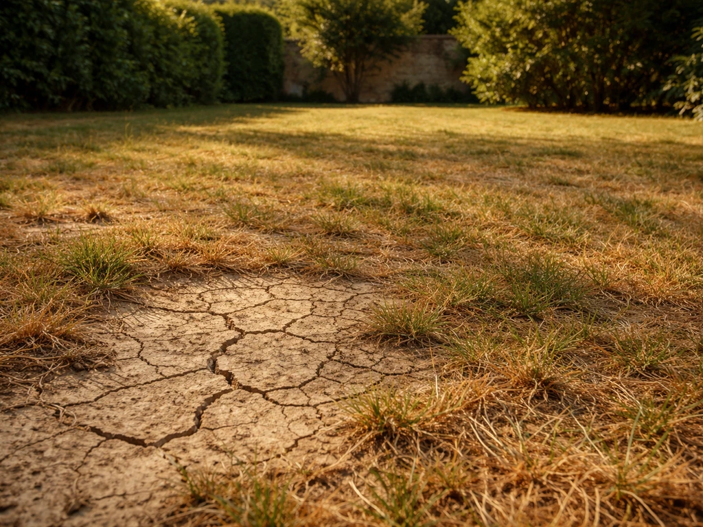 Pelouse clairsemée et jaune avec terre sèche visible, ambiance de chaleur et sol desséché au jardin.