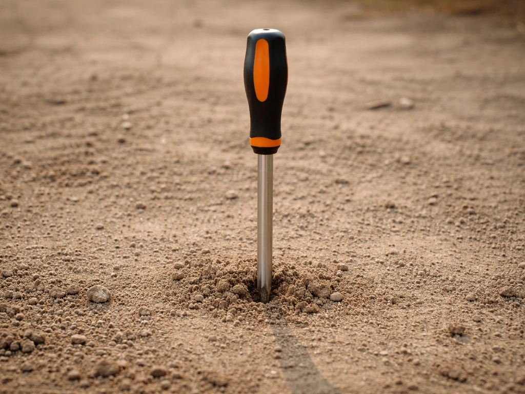 Tournevis enfoncé dans le sol près d’une mèche de terre, illustrant la compaction et la résistance.