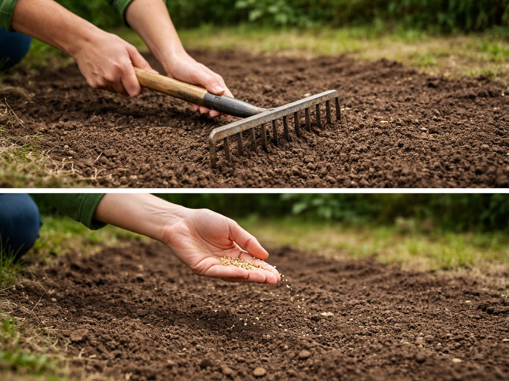 Jardinier anonyme prépare une zone à nu avec un râteau, puis sème et recouvre légèrement la terre.