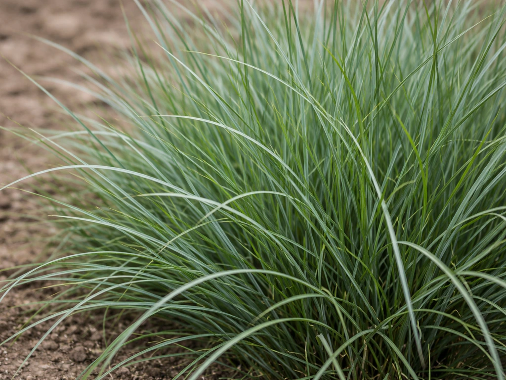 Gros plan de brins de fétuque élevée verts, formant un couvert dense sur un sol argileux et sec.