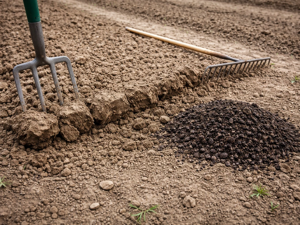 Sol argileux décompacté avec compost mûr puis nivellement dans un potager, vue au niveau du sol.
