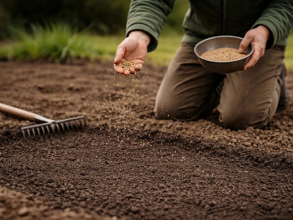 Jardinier épandant des graines sur un lit de semence argileux, puis lissant la surface humide au râteau.