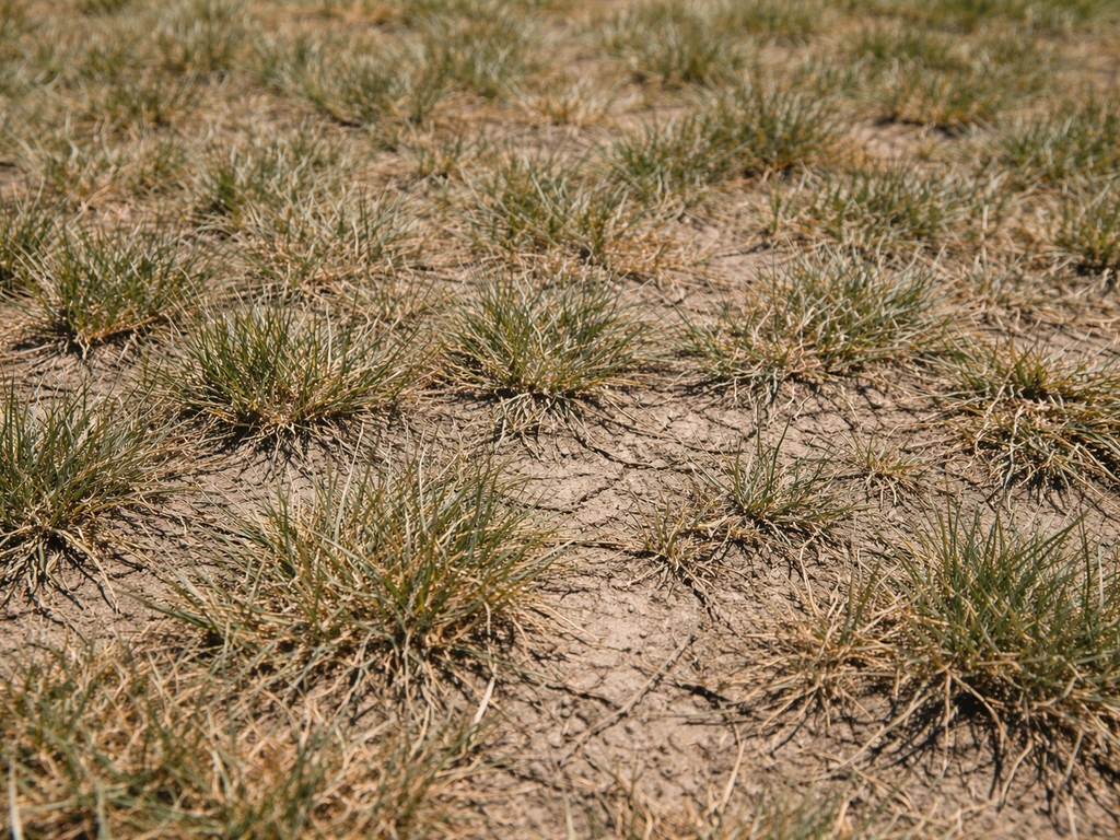 Gazon jauni au soleil, teinte gris-vert terne et brins affaiblis, vue rapprochée sur une pelouse brûlée.