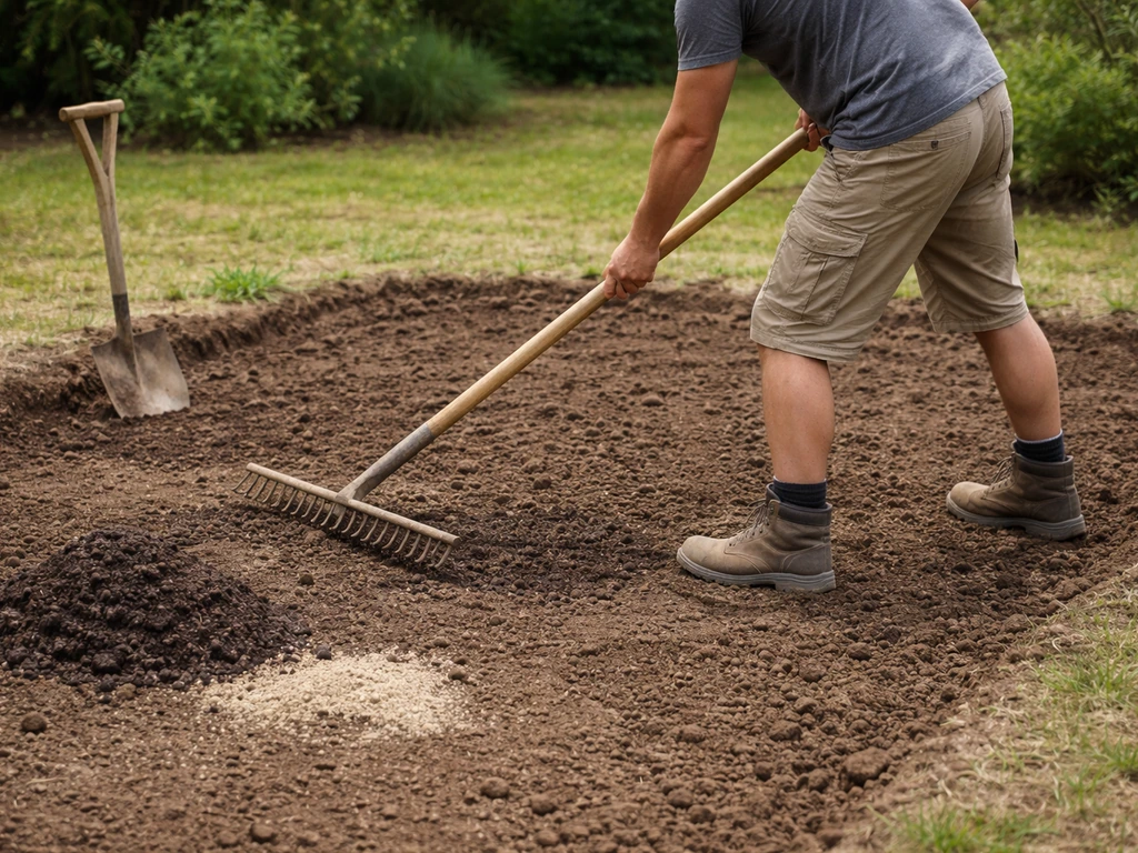 Sol bêché et nivelé pour semis, amendement compost et sable près d’une zone de travail au jardin.