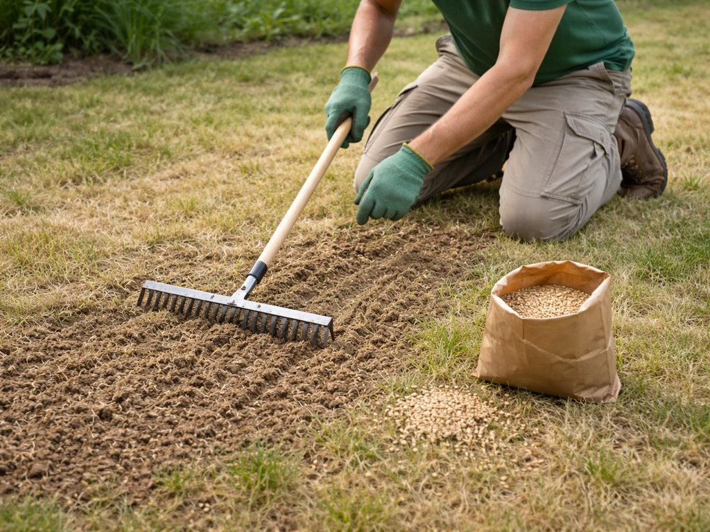 Pelouse clairsemée préparée : râteau scarificateur sur une zone jaunie, semences à proximité, jardin minimal.