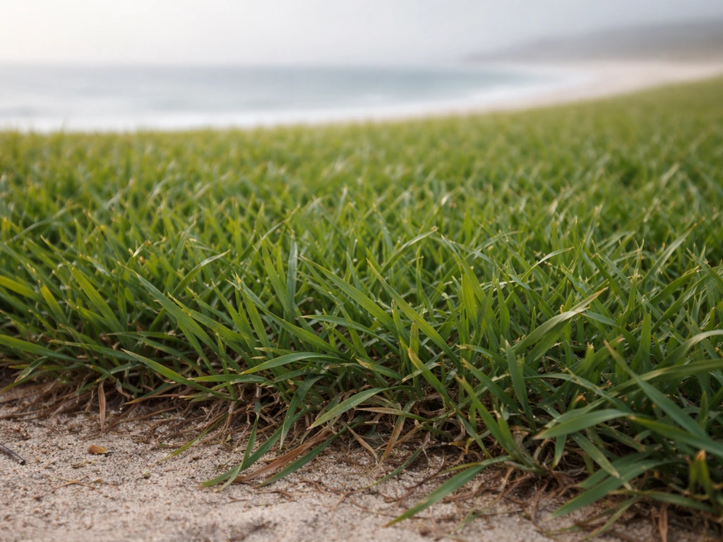 Gros plan d’un gazon de paspalum dense sur sol sableux côtier, feuillage vert-olive et racines visibles.