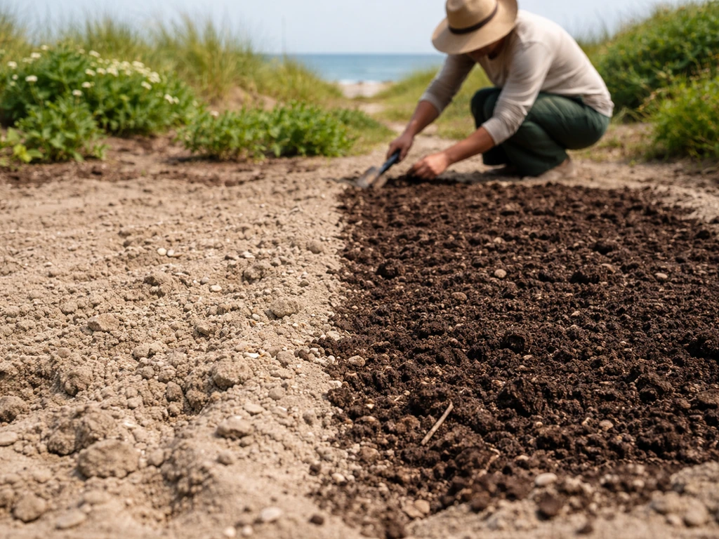 Sol sableux au bord de mer préparé avec compost, terreautage léger et travail superficiel visible.