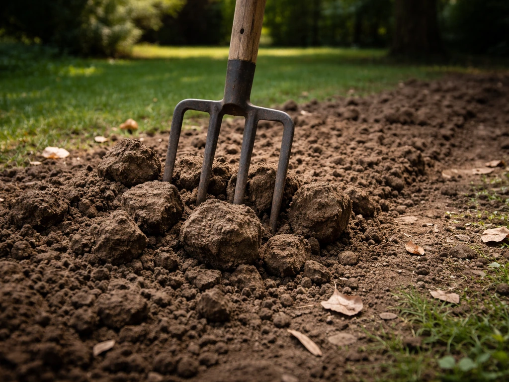 Fourche-bêche décompactant une terre dure de jardin sous des arbres, mottes de terre retournées.
