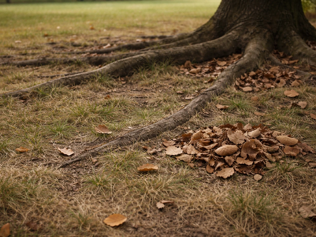 Sous un arbre, herbe clairsemée entre racines et feuilles mortes au sol, ambiance automnale.