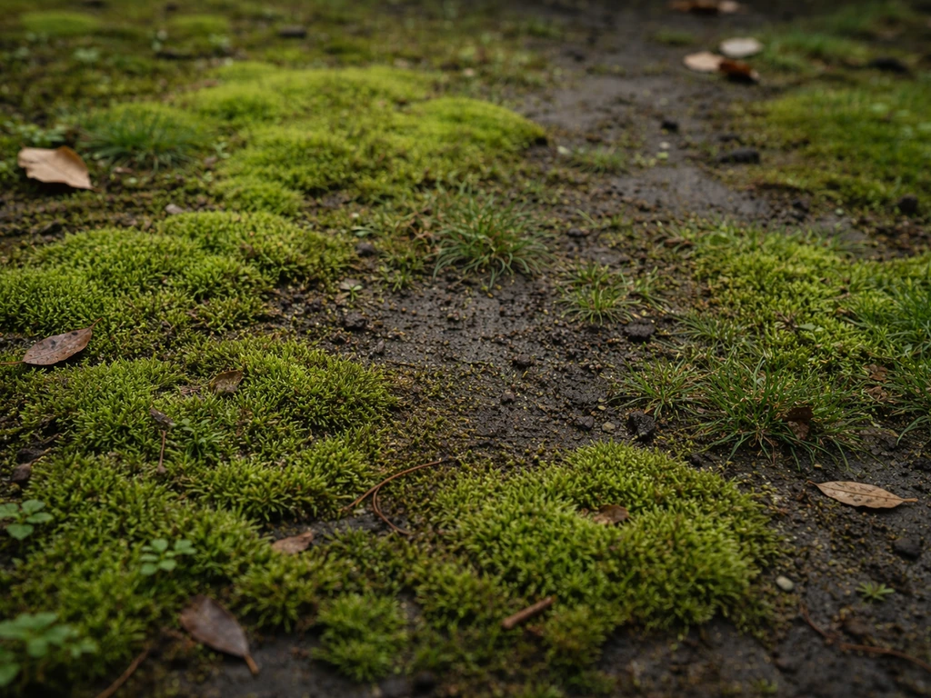 Gros plan sur une pelouse humide envahie de mousse verte, sol sombre et compacté, avant traitement.
