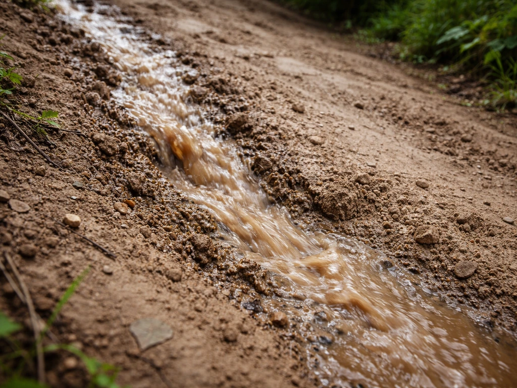 Filet d’eau brune qui ruisselle sur une pente en emportant la terre fine et des grains.