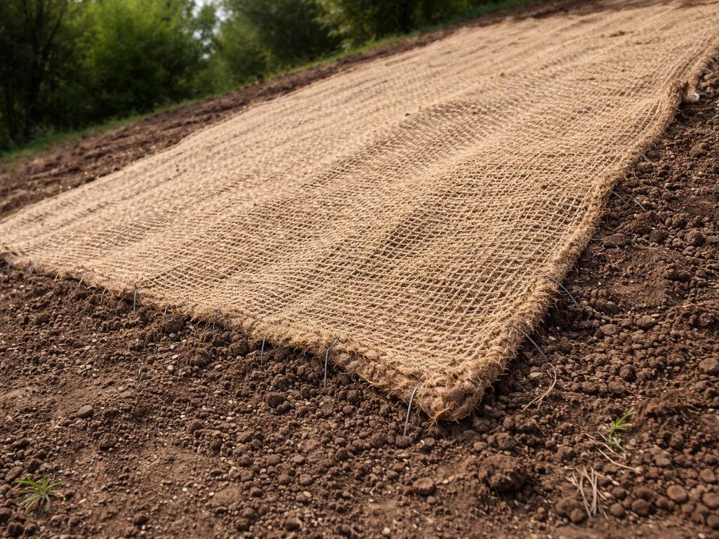Pose d’un biomat biodégradable sur une pente, fibres naturelles et agrafes visibles après le semis.
