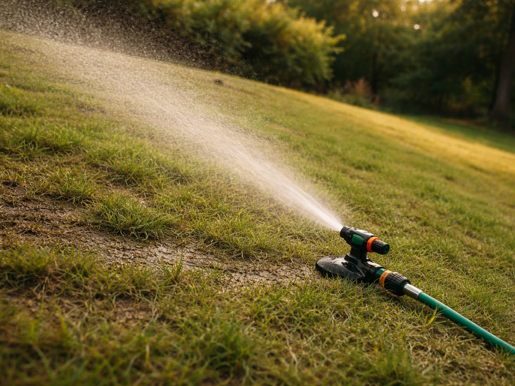 Arroseur sur une pente projetant un jet diffus, pelouse absorbant l’eau sans ruissellement visible.