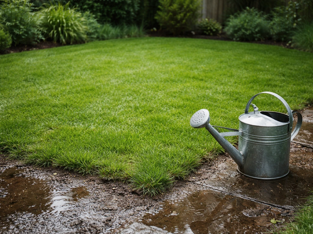 Gazon après pluie, sol sombre et humide, arrosoir retiré près d’une pelouse simple