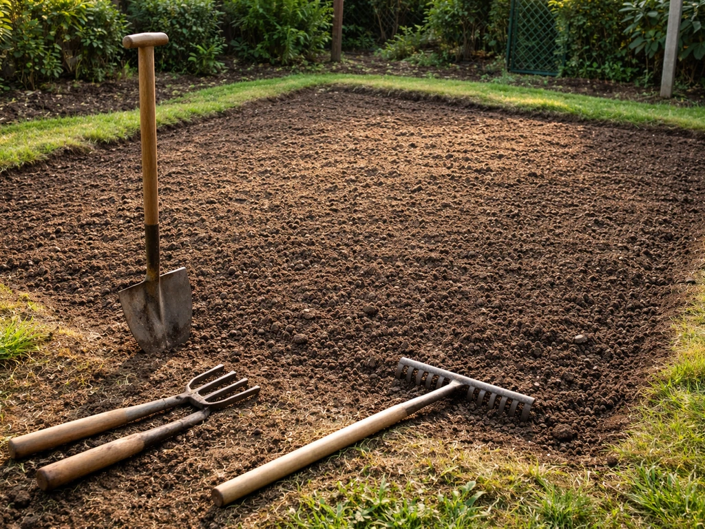 Jardinier préparant un sol argileux avec bêche et râteau, compost intégré, surface nivelée pour le futur gazon.