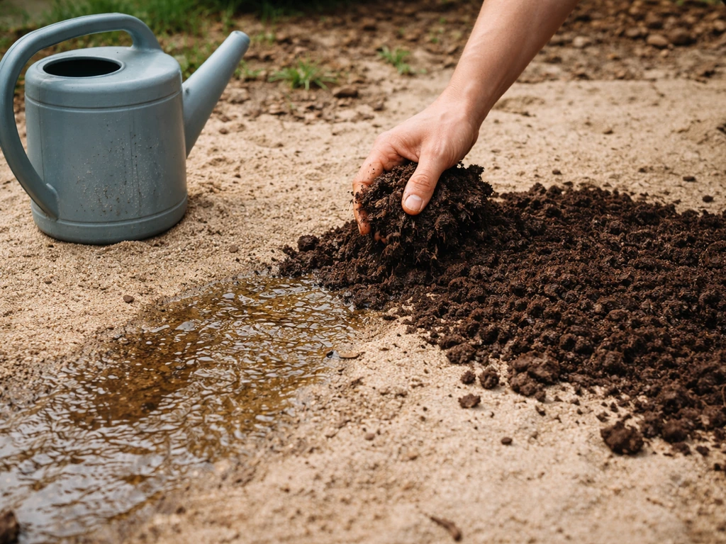 Main versant du compost sur un sol sableux, avec un seau d’eau près pour montrer l’infiltration rapide