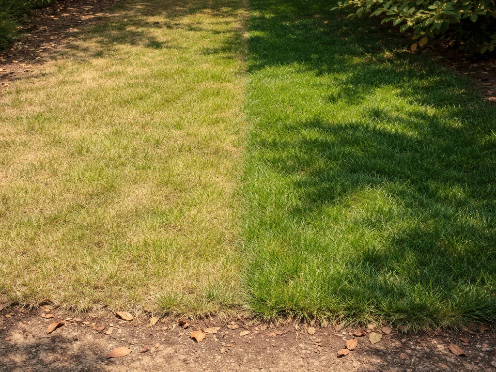 Gazon contrasté : zone en plein soleil plus sèche, bord ombragé plus vert dans un jardin simple.