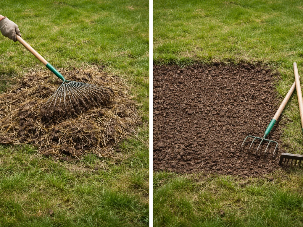 Gros plan sur une petite zone de jardin : résidus ratissés puis terre affinée, prête à être ensemencée