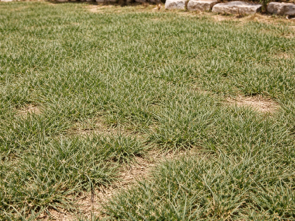 Tapis dense de chiendent pied-de-poule en plein soleil, sol sec par endroits, ambiance jardin méditerranéen.