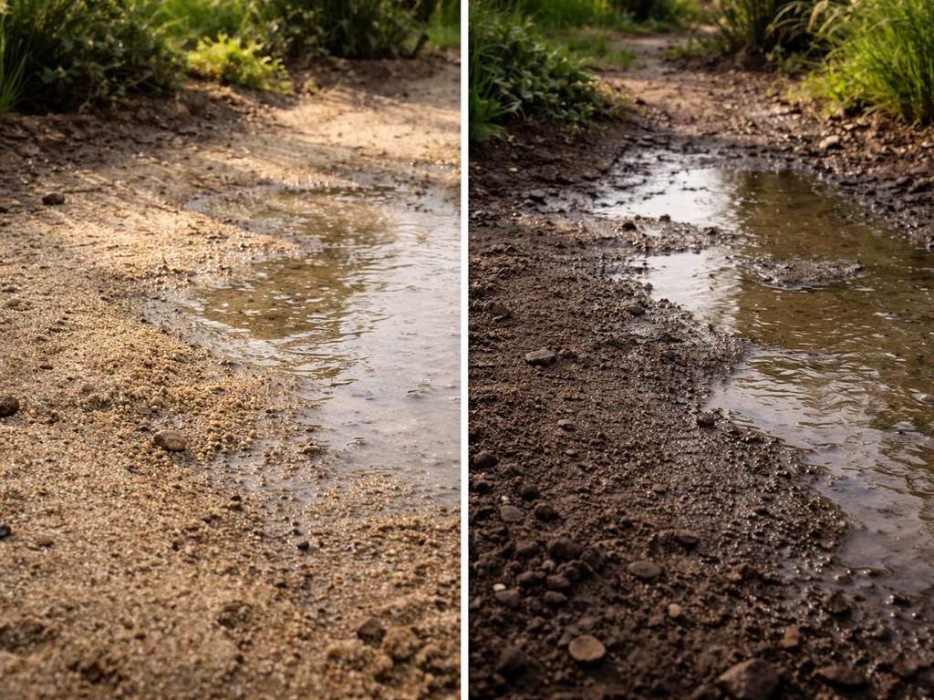 Deux types de sol côte à côte : sableux qui absorbe vite l’eau, compact qui la laisse stagner et ruisseler.