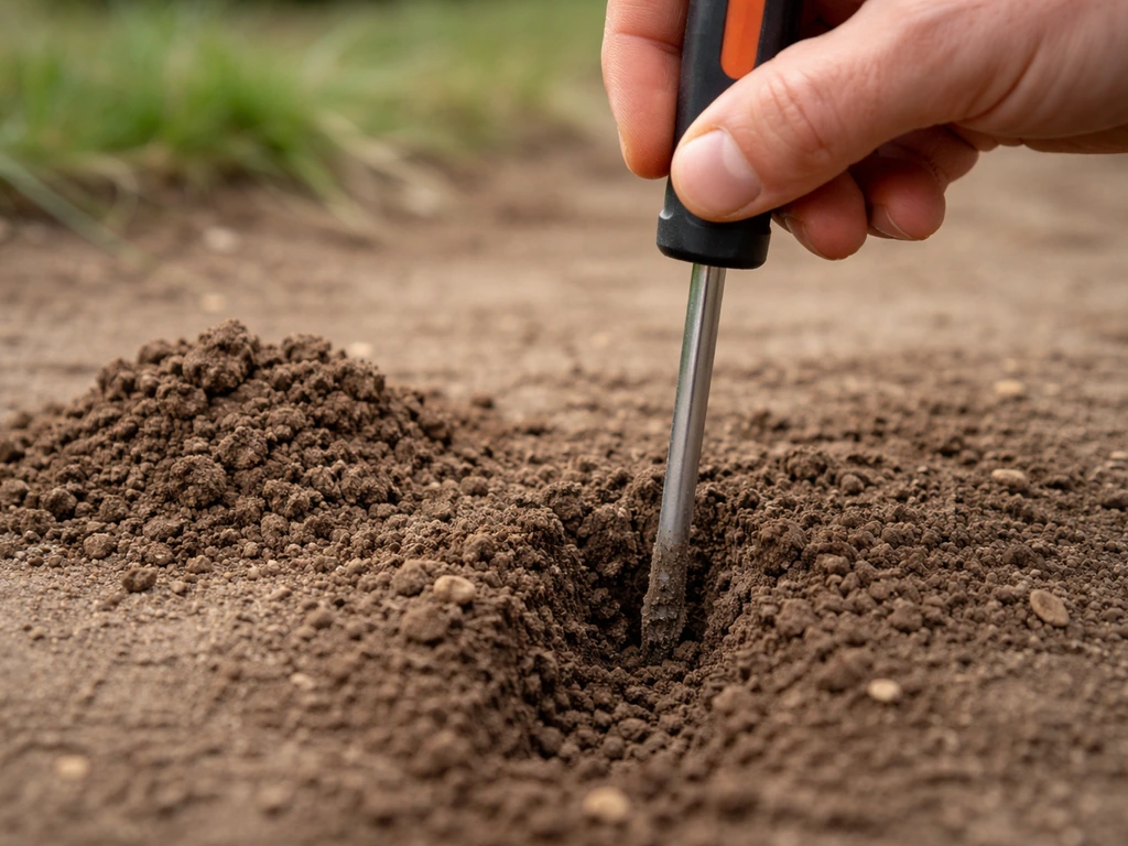 Gros plan d’un tournevis enfoncé dans un échantillon de terre, test d’humidité du sol près du potager