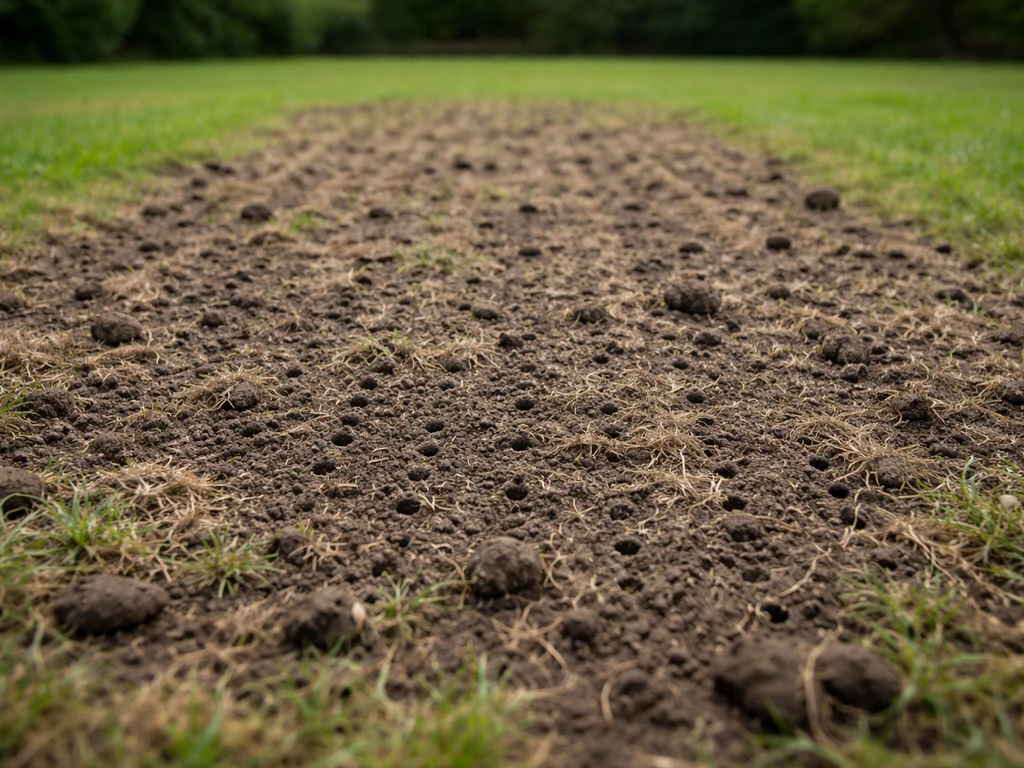 Sol de jardin fraîchement scarifié et aéré, montrant des traces de griffes et une terre aérée prête à absorber l’eau.