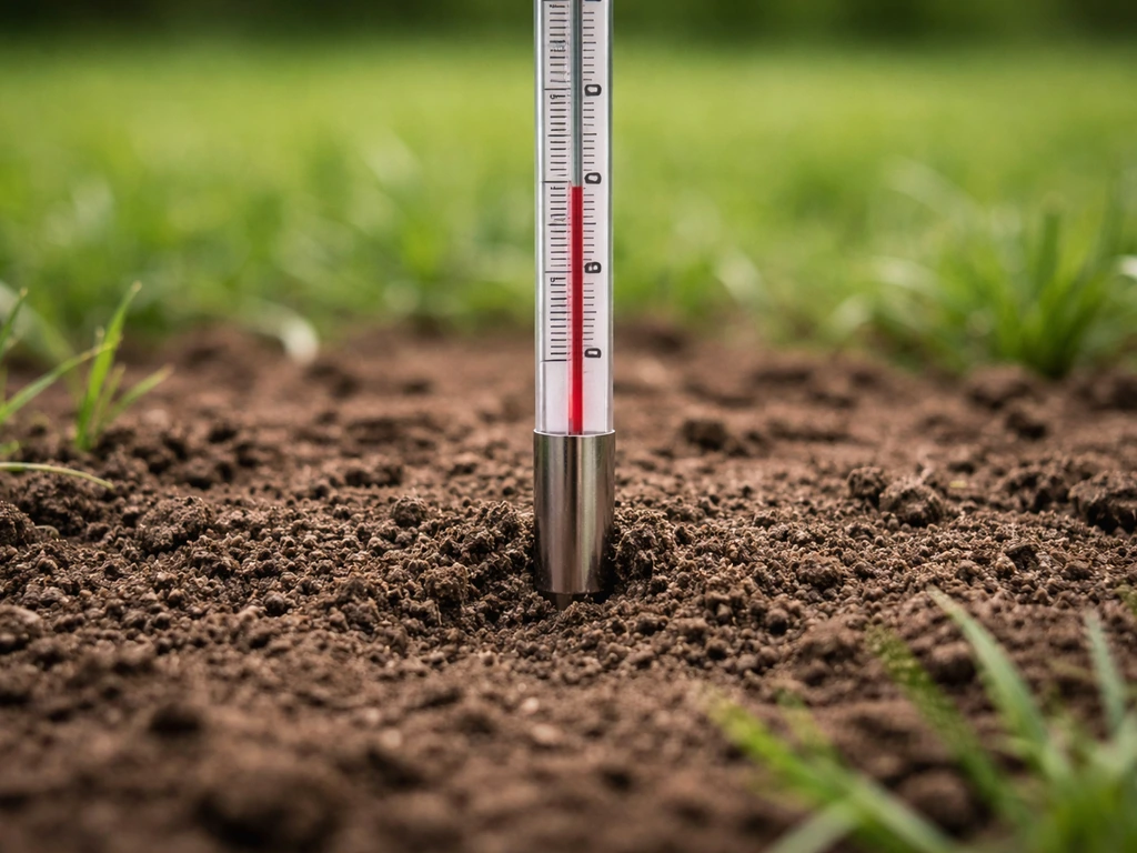 Gros plan d’un thermomètre plongé dans la terre, avec une pelouse floue en arrière-plan.