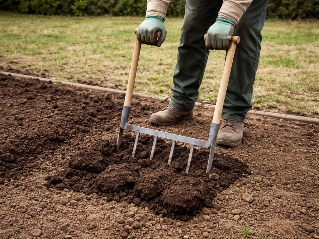 Jardinier utilisant une grelinette pour aérer un sol compact, mottes de terre soulevées avant sursemis.