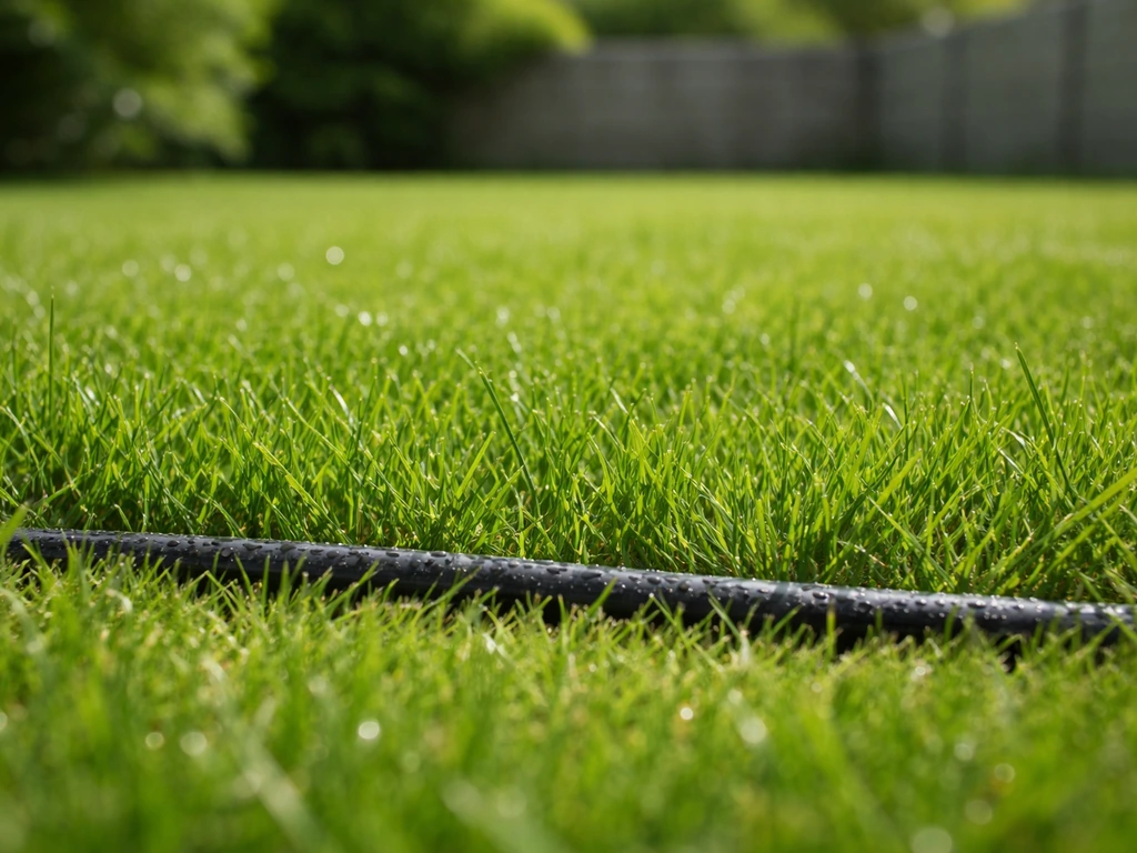 Pelouse dense et verte en plein été en France, avec un arrosage goutte-à-goutte discret au sol.