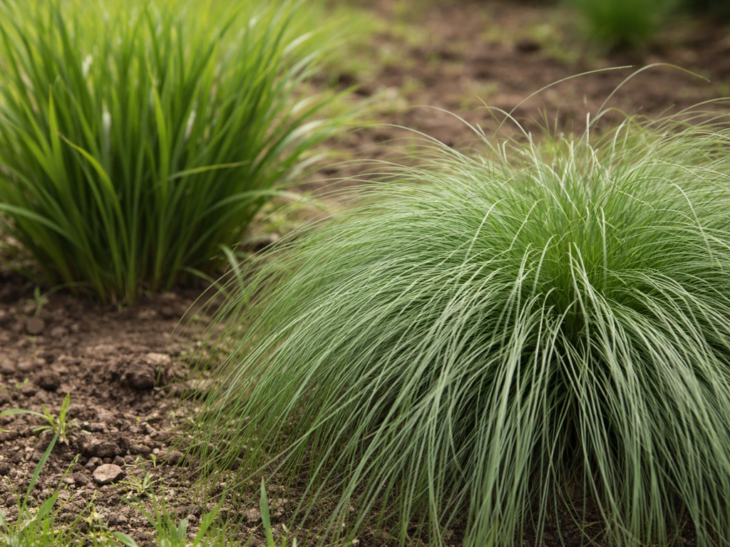 Gros plan de fétuque élevée au premier plan, graminée C4 plus robuste en arrière-plan sur sol de jardin.