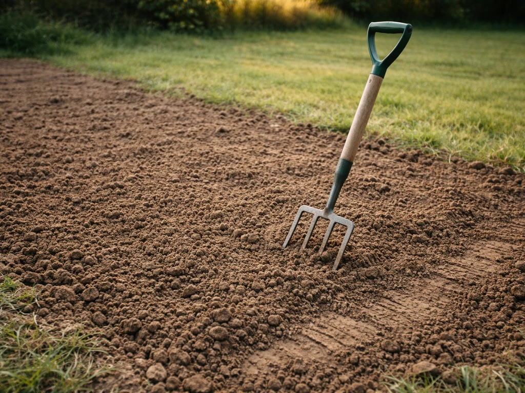 Sol de jardin bêché et émietté, prêt à recevoir du gazon, avec fourche-bêche et mottes finement brisées.
