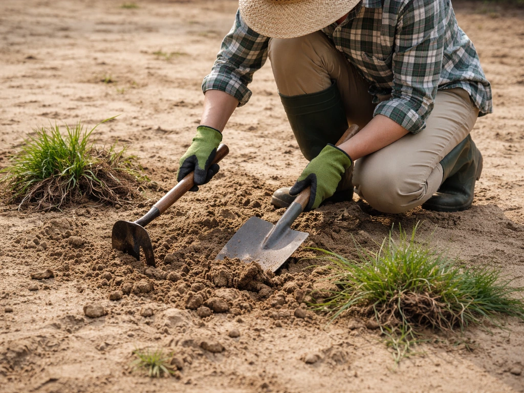 Désherbage et décaissement sur sol sableux avant la pose du gazon, avec outils de jardin.