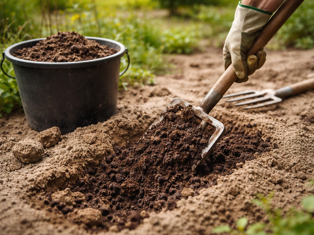 Main gantée mélangeant du compost mûr dans une terre sableuse avec une fourche-bêche, dans un potager.
