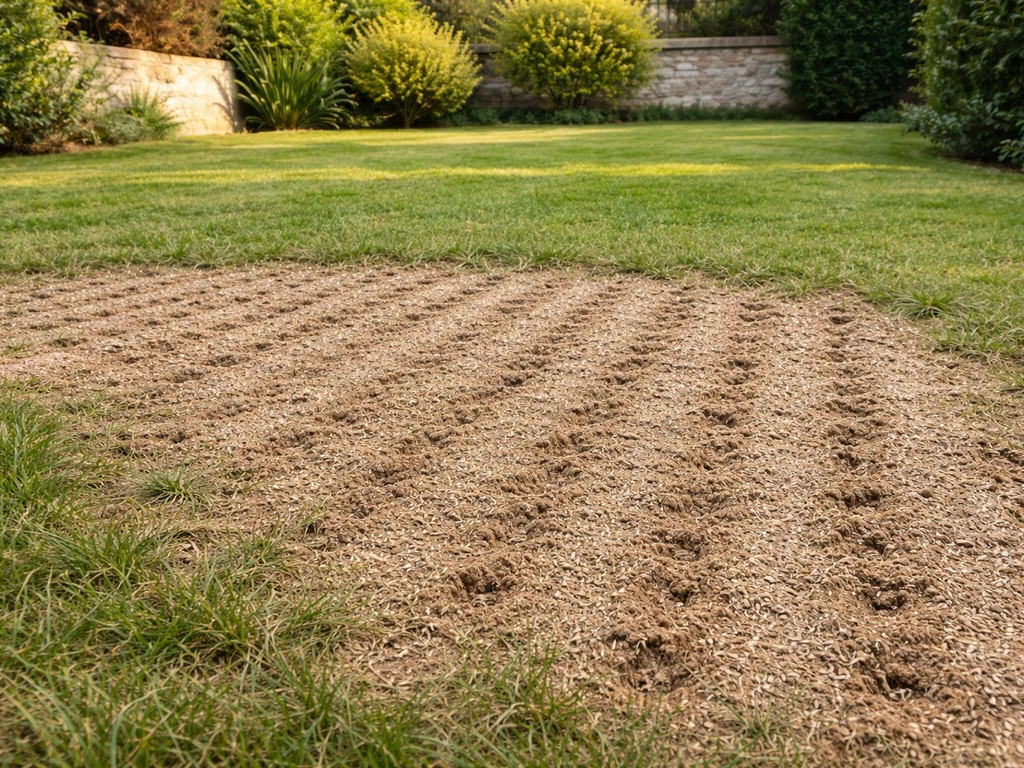 Gazon tondu très court sur sol sableux, aération en sillons et semences de sursemis recouvertes de sable fin.