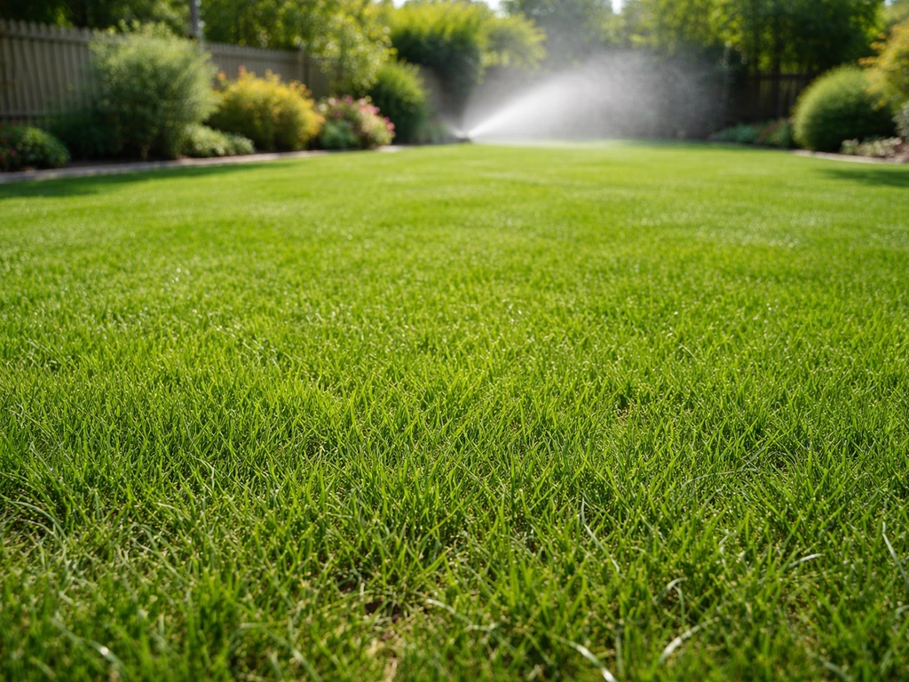 Pelouse dense et verte en plein été, arrosage discret en arrière-plan, jardin résidentiel français.