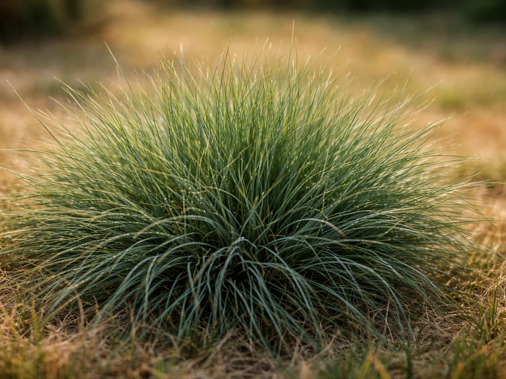 Zoom sur une fétuque dense et résistante, brins verts au premier plan sur une pelouse sèche.