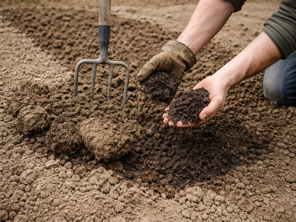Mains qui ameublissent et ajoutent du compost à une terre argileuse avant semis pour un gazon résistant.