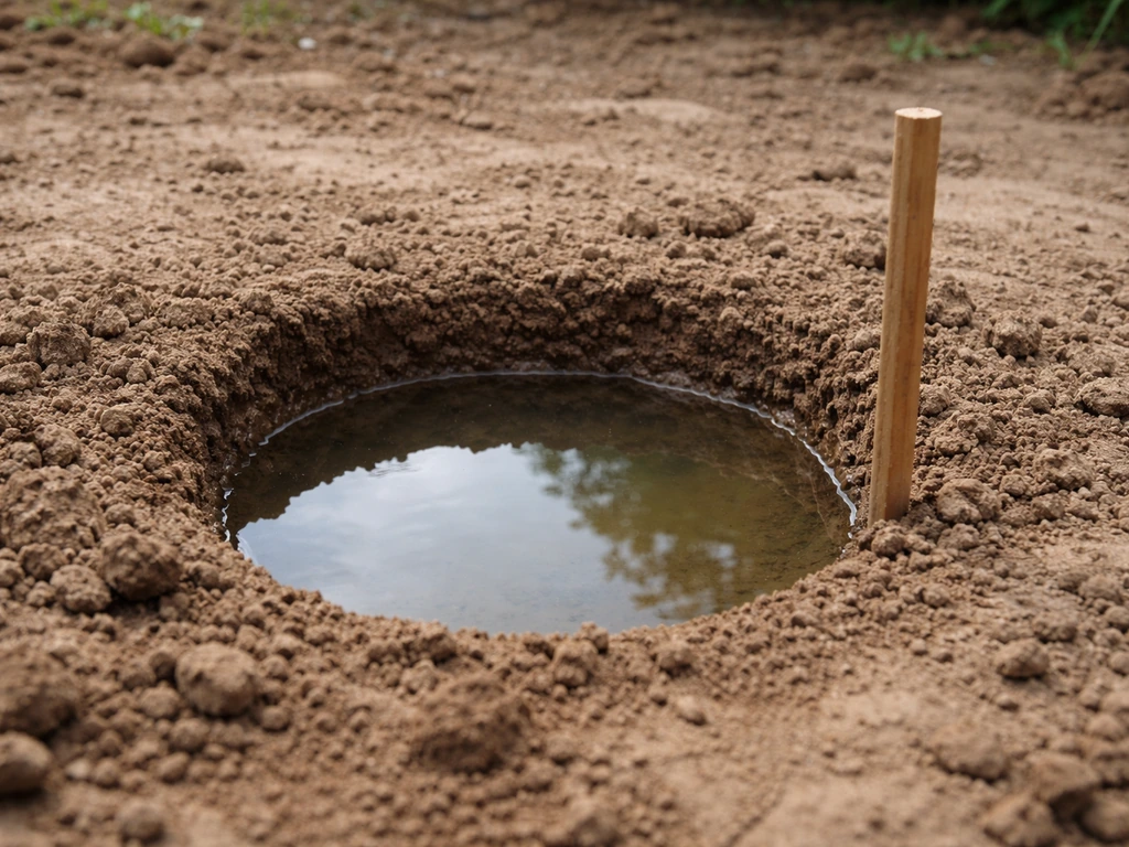 Trou de jardin rempli d’eau, vue du niveau d’eau pour tester la vidange en observant le drainage.