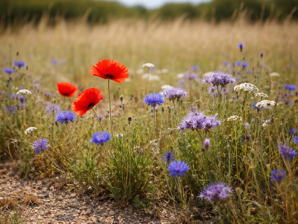 Prairie fleurie économe en eau avec coquelicots et bleuets sur sol sec, au début de l’automne en France
