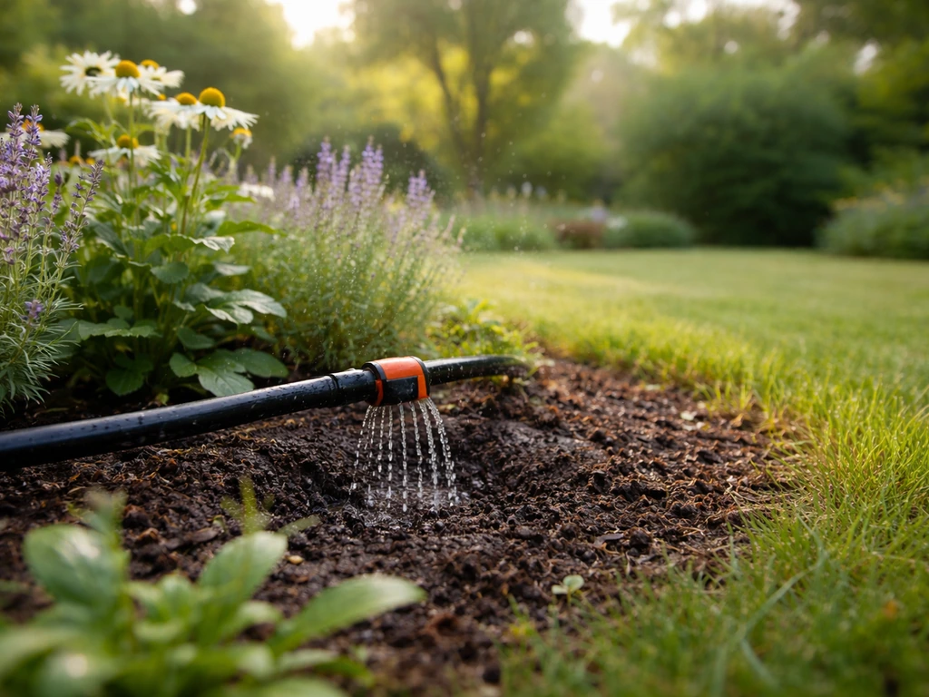 Arrosage matinal localisé au pied des plantes, sol humide et gouttes visibles au premier plan.